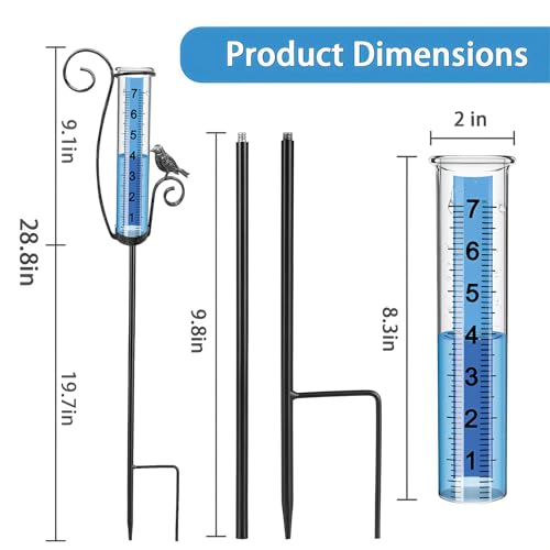 Rain Gauge Outdoor, Upgraded Unique Decorative Bird Ornament Tall Rain Measure Gauge Stake, Adjustable Height Frost-Proof Tube with Large Bold Scale for Yard Lawn Patio