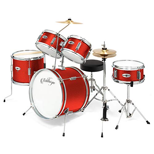 Ashthorpe 5-Piece Complete Kids Drum Set with Genuine Brass Cymbals - Junior Beginner Kit with 16" Bass, Throne, Hi-Hats, Pedals & Drumsticks - Red - color: Red