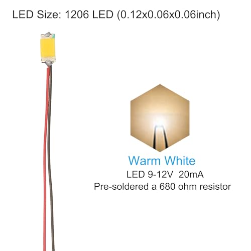 PATIKIL 1206 Pre-Wired Micro LED, 12 Pcs 9-12V Pre-soldered Mini Light Emitting Diodes Surface Mount Device for Model, DIY, 9.8" Length, Warm White - color: Warm White, size: 1206