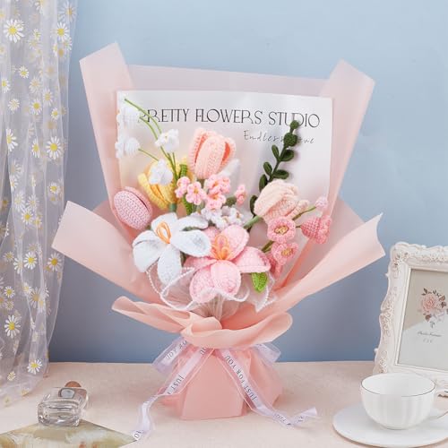 INFUNLY 12pcs/Set Crochet Flower Bouquet Kit Handmade Crochet Sunflower Set Artificial Knitted Bouquets Bell Orchid DIY Making Kit with Yarn Hook Instructions for Wedding Graduation Birthday Gift - color: Pink Tulips