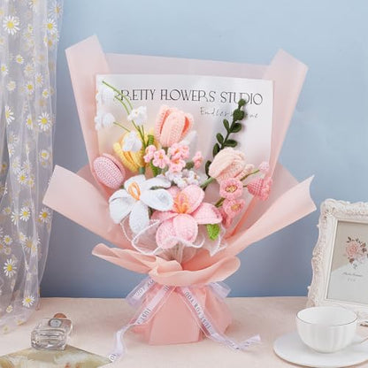 INFUNLY 12pcs/Set Crochet Flower Bouquet Kit Handmade Crochet Sunflower Set Artificial Knitted Bouquets Bell Orchid DIY Making Kit with Yarn Hook Instructions for Wedding Graduation Birthday Gift - color: Pink Tulips