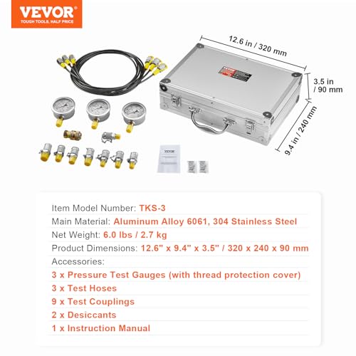 Hydraulic Pressure Test Kit, 250/400/600bar, 3 Gauges 9 Test Couplings 3 Test Hoses, Excavator Hydraulic Test Gauge Set with Portable Carrying Case for Excavator Tractors Construction Machinery - style: 3 Gauges 9 Test Couplings