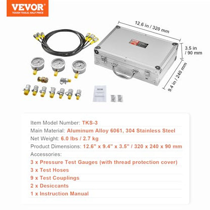 Hydraulic Pressure Test Kit, 250/400/600bar, 3 Gauges 9 Test Couplings 3 Test Hoses, Excavator Hydraulic Test Gauge Set with Portable Carrying Case for Excavator Tractors Construction Machinery - style: 3 Gauges 9 Test Couplings