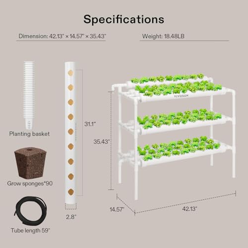VIVOSUN Hydroponics Growing System 90 Plant Sites, 3 Layers 10 Food-Grade PVC-U Pipes Hydroponic Gardening System Grow Kit with Water Pump, Pump Timer, Nest Basket and Sponge for Leafy Vegetables - size: 90
