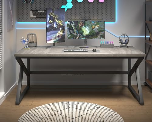 HSH 70 Inch Long Grey Desk, Large Home Office Computer Desk for 2 People - color: Light Grey Oak, size: 70 Inch