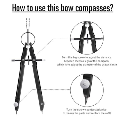 EBOOT Math Geometry Set Metal Compass 6" Clear Protractor, Black and Black - color: Black and Black