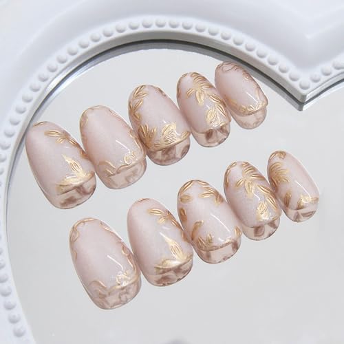 Short Press on Nails Almond Fake Nails Cat's Eye False Nails with Gold Flower Designs Artificial Nail Nude Glitter Glue on Nails Cute Summer Stick on Nail for Women 24Pcs - color: Style08
