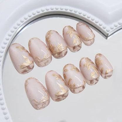 Short Press on Nails Almond Fake Nails Cat's Eye False Nails with Gold Flower Designs Artificial Nail Nude Glitter Glue on Nails Cute Summer Stick on Nail for Women 24Pcs - color: Style08