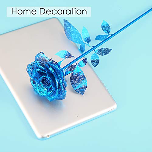 Piececool 3D Metal Puzzles Rose Flower Model Kits, Artificial Fake Flowers Metal Building Blocks DIY 3D Puzzle for Adults, for Father Mothers Valentines Day, 15Pcs - color: Blue
