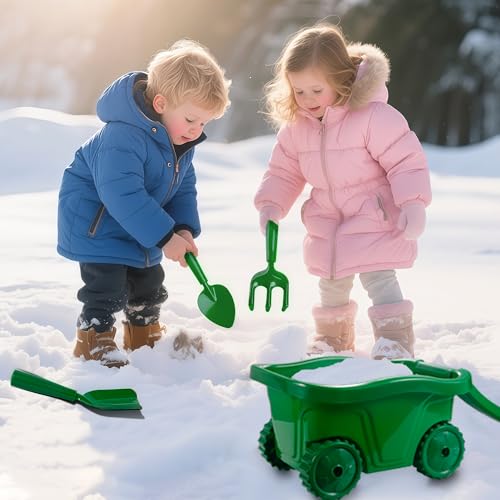 Kids Gardening Tools with Outdoor Yard Wheelbarrow Set Toys, Ages 3+ - color: Green-4pcs
