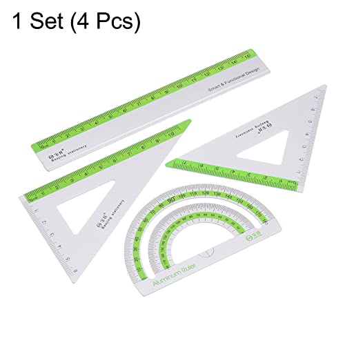 HARFINGTON 4pcs Geometry Set 15cm Metric Measure Ink Printing Aluminum Ruler Metal Ruler Set Triangle Protractor Ruler Tool Set for Classroom, Office, Home, Green - color: Green