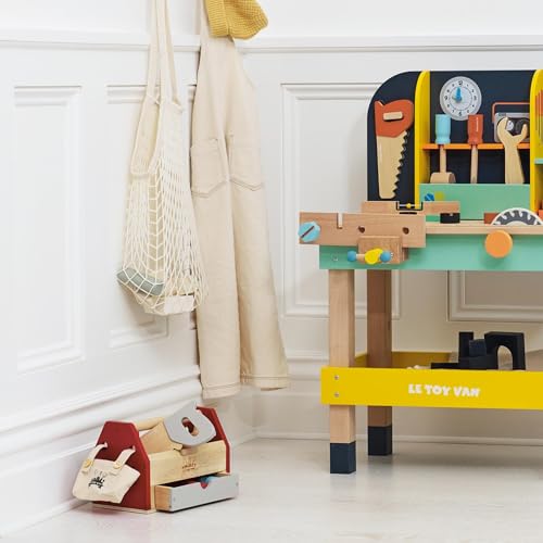 Le Toy Van - Cars & Construction Educational Wooden Tool Box Play Set for Role Play | Boys Pretend Play Wooden Tools - Suitable for 3 Year Olds and Older, Tool Box 12 Piece Set