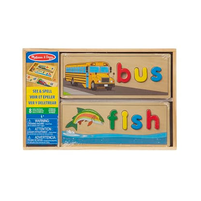 Melissa & Doug See & Spell Wooden Educational Toy with 8 Double-Sided Spelling Boards and 64 Letters Preschool Learning Activities, See & Spell Learning Toys for Kids Ages 4+ - size: 13.9 x 9.2 x 1.75, style: English