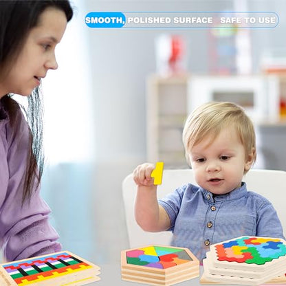 7 Pack Wooden Tangrams Puzzle Set Wooden Hexagon Puzzles Wood Russian Blocks Geometric Block Brain Teaser for Kids Adults 3D Logic Intelligence IQ Game Gift