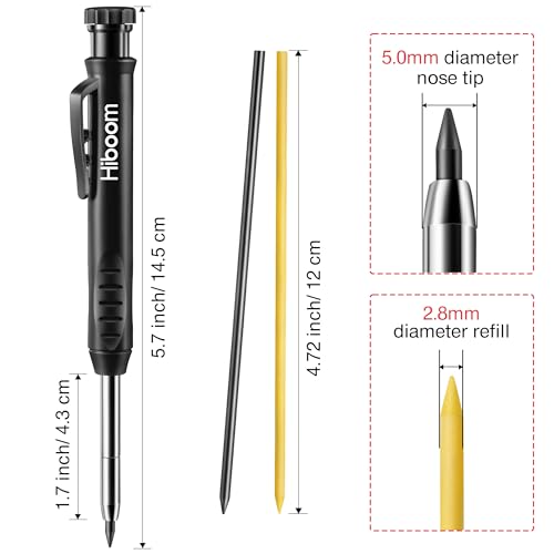 Hiboom Mechanical Carpenter Pencil with 7 Leads, Deep Hole Marker, Black - color: Black