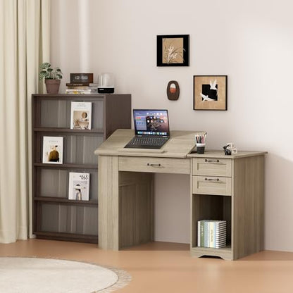 Drafting Table with Storage Cabinet & Drawers, Adjustable Drawing Table with Open Shelves, Craft Art Desk for Artists, Painters, Drawing, Crafting, Reading, Writing, Working (Grey) - color: Grey