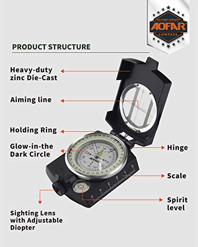 AOFAR Military Compass,AF-4580 Lensatic Sighting, Waterproof and Shakeproof with Map Measurer Distance Calculator, Pouch for Camping, Hiking - color: Black