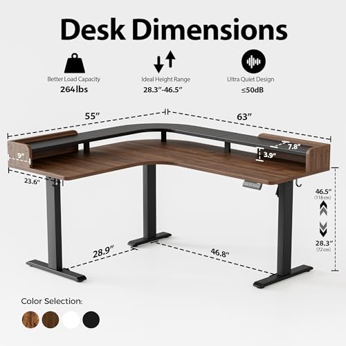 Agilestic L Shaped Standing Desk with Monitor Shelf, 63 Inch, Dark Walnut - color: Dark Walnut, size: 63x55 Inch with shelf