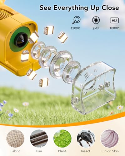 Handheld Portable Microscope for Kids, 120X-1200X for Ages 6-12 Boys Girls - color: Handheld Yellow