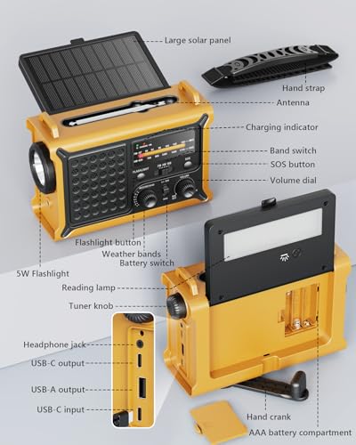 Emergency Weather Radio with Large Solar Panel, Efficient Hand Crank - color: Yellow