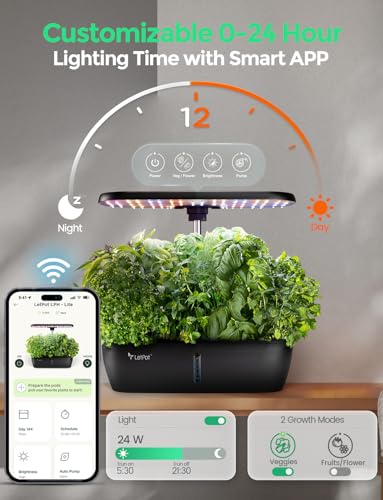 LETPOT LPH-Lite Hydroponics Growing System, 12 Pods Smart Herb Garden Kit Indoor, Indoor Garden, APP & WiFi Controlled, with 24W Growing LED, 5.5L Water Tank, Pump System, Automatic Timer - size: 12 Pods-Black