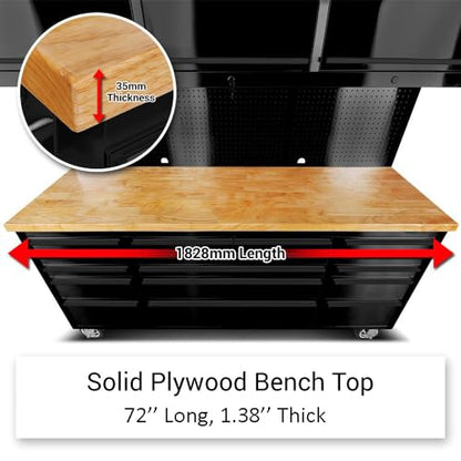 72-Inch Rolling Tool Chest with 15 Drawers + 3 Upper Cabinets, Mobile Workbench, Assembled Large Tool Box Lockable Storage Cabinet with Wheels for Garage Workshop, Matte Black - size: 72'' + 3 Upper Cabinets - Black