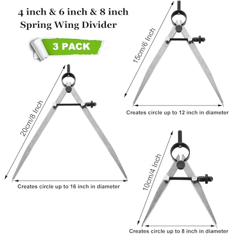 3 Pack Adjustable Spring Wing Divider, 4/6/8 Inch Steel Lockable Divider Wing Compass, Precision Compass Geometry Tool for Drawing Drafting Woodworking Leather Craft