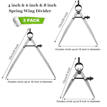 3 Pack Adjustable Spring Wing Divider, 4/6/8 Inch Steel Lockable Divider Wing Compass, Precision Compass Geometry Tool for Drawing Drafting Woodworking Leather Craft