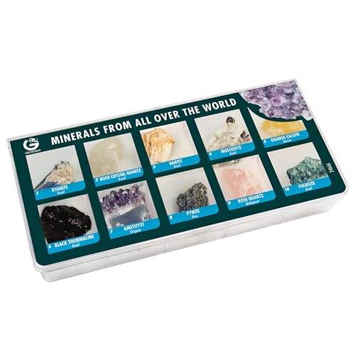 10 Authentic World Mineral Specimens STEM Kit for Kids – Labeled Geology Collection with Guide in Plastic Display Case – Educational Rock Set Ages 6+