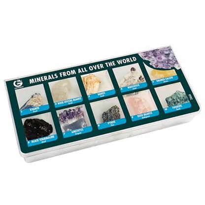 10 Authentic World Mineral Specimens STEM Kit for Kids – Labeled Geology Collection with Guide in Plastic Display Case – Educational Rock Set Ages 6+