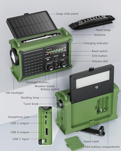 Emergency Weather Radio with Large Solar Panel, Real 12000mAh Battery - color: Army Green