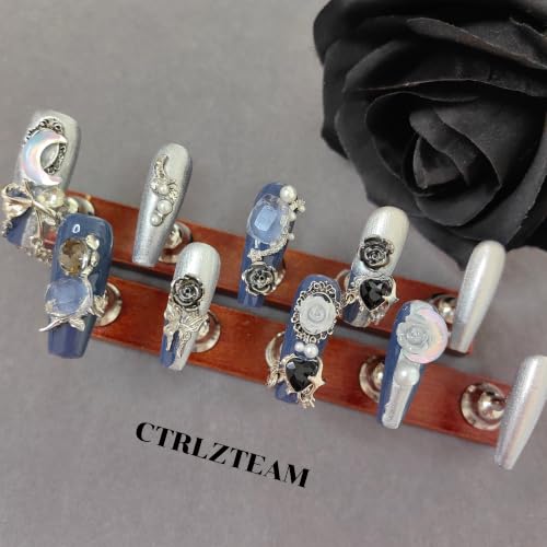 CTRLZTEAM Cyber Gothic Coffin Press on Nails Silver Blue Square Nails - color: Blue Silver, size: M