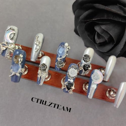 CTRLZTEAM Cyber Gothic Coffin Press on Nails Silver Blue Square Nails - color: Blue Silver, size: M