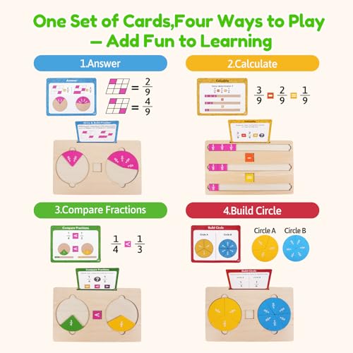 Fraction Manipulatives for Kids, Wooden Fraction Tiles, Fraction Circles & Fraction Bars, Montessori Math Manipulatives with 36 Activity Cards, Compare Fractions, Addition & Subtraction, Grade 1-4