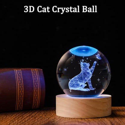 60mm 3D Crystal Ball Cat Lover Gifts for Women Cat Themed Sympathy Figurines Decor Gifts with Wooden Light Base - style: 3D Cat