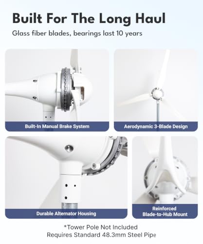 Automaxx Windmill 1500W 48V 60A Wind Turbine Generator kit. Includes MPPT Controller with App Control, Automatic and Manual Braking Features, and Spare Blades Set. Simple DIY Installation