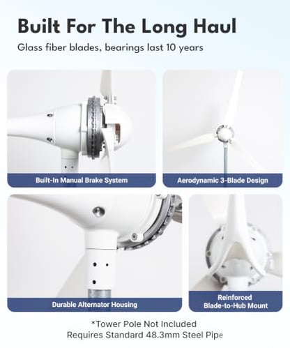 Automaxx Windmill 1500W 48V 60A Wind Turbine Generator kit. Includes MPPT Controller with App Control, Automatic and Manual Braking Features, and Spare Blades Set. Simple DIY Installation
