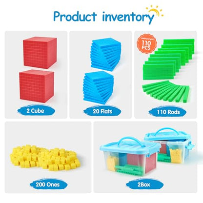 TOMMYHOME 334 PCS Base Ten Blocks Set,Contains 110 rods Counting Cubes to Help Kids Learn Maths. 2 Boxes-Pack.