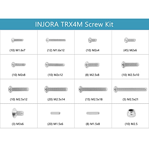 INJORA Screws Pins Nuts M1.6 M2 M2.5 Grade 12.9 Stainless Steel Hex Screws Hardware Kit for TRX4M 1/18 RC Crawler Car - size: One Size