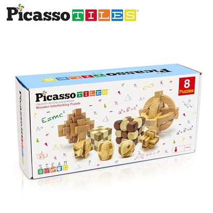 PicassoTiles 8 Styles Interlocking Sensory Toys Wooden Burr Cube, Ball and Barrels Logic Skill Genius Puzzle Brain Teaser Games & Intellectual 3D Assembling Educational Toy Set for Kids & Adults PTP08 - color: 8 Styles Wooden Burr Cube