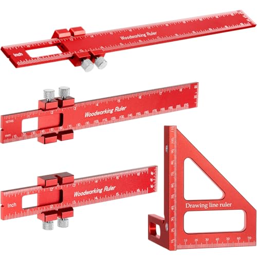4 Pcs Woodworking Ruler, Metal Precision Pocket Rulers 12, 8, 6 Inch with 3D Multi Angle Measuring Ruler 45/90 Degree for Precision Measuring Marking Inch and Metric