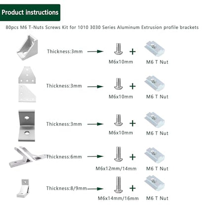80 pcs M6 T Nut Screws Kit for 1010 1020 Aluminum Extrusion, 40 pcs Silver M6x10/12/14/16mm Hexagon Socket Screws and 40 pcs M5 Sliding T-Nuts with 1 pcs M6 Hex Wrench - style: 80pcs 10 Series Screws Kit Silver