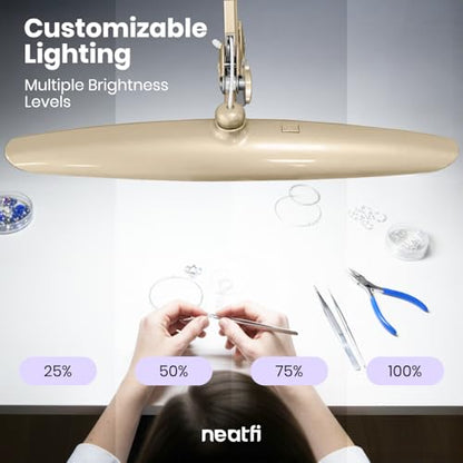 Neatfi XL 2200 Lumens 24W LED Desk Lamp – Shadow-Free Task Lighting | 4-Level Dimming | Home Office & Crafts Use | 20-Inch Wide Head (Gold, Non-CCT with Clamp) - color: Gold, size: Non-CCT with Clamp