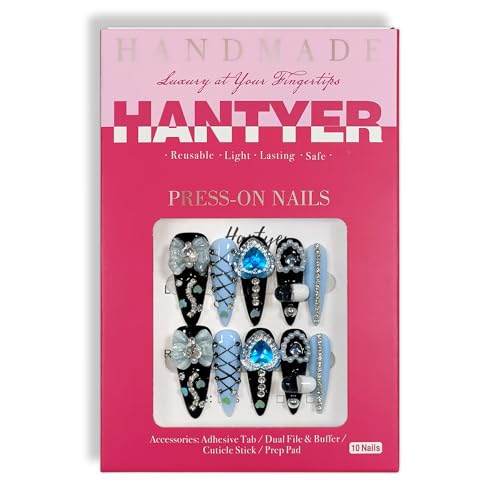 Gothic Blue Press on Nails with Tools Kit, 10pcs Long Stiletto Matte Black & Blue Nails, Blue Rhinestones, Bows & 3D Hand-Painted Art, Reusable & Easy Apply for Night Events (Size XS) - color: A129, size: XS