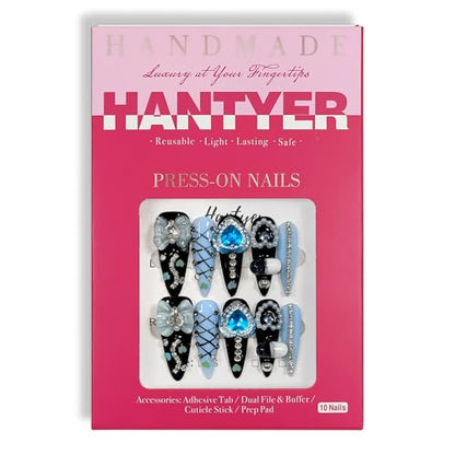 Gothic Blue Press on Nails with Tools Kit, 10pcs Long Stiletto Matte Black & Blue Nails, Blue Rhinestones, Bows & 3D Hand-Painted Art, Reusable & Easy Apply for Night Events (Size XS) - color: A129, size: XS