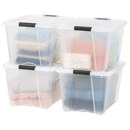 IRIS USA 54 Qt Stackable Plastic Storage Bins with Lids, 8 Pack - BPA-Free, Made in USA - See-Through Organizing Solution, Latches, Durable Nestable Containers, Secure Pull Handle - Clear - size: 54 Qt, style: 8 Pack