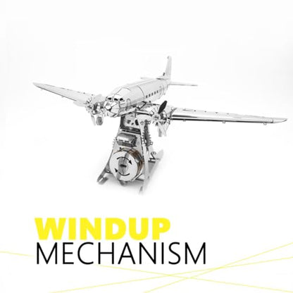 METAL-TIME Remarkable Douglas, Douglas DC-3 Model, 3D Metal Airplane Model Mechanical Building Kit, Unique Wind-Up Moving Mechanism, Stainless Steel DIY Construction with Toolbox - 146 Pieces.