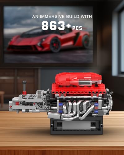 Mould King 10226 Engine Model Kit that Runs- Build Your Own STEM V12 Model Engine with Transmission, 12-Cylinder Supercar Engine kit Building Engineering Toys for Adults Collections (863+PCS) - style: MK-10226