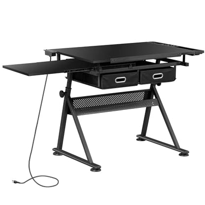 ZENY Adjustable Drafting Table with Stool Tilting Drawing Desk Artist Table - color: Black-with Outlet