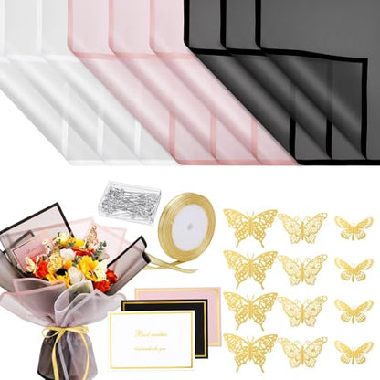 woric 93 Pcs Floral Bouquet Wrapping Paper Kits - color: Pink White Black